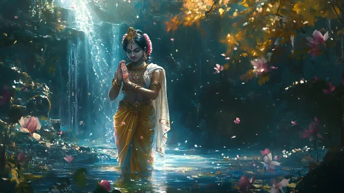 Divine figure in lotus pool under cascading forest waterfall.
