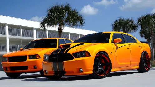 Bold orange muscle cars glowing under soft palm shadows.