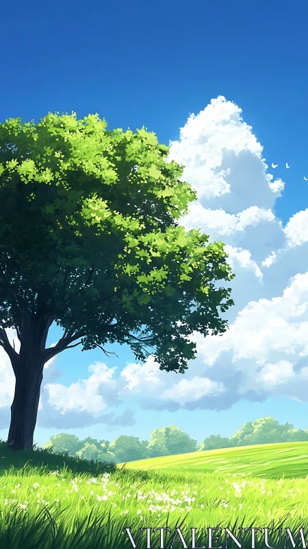 Sunny meadow under a sheltering tree and bright blue sky.