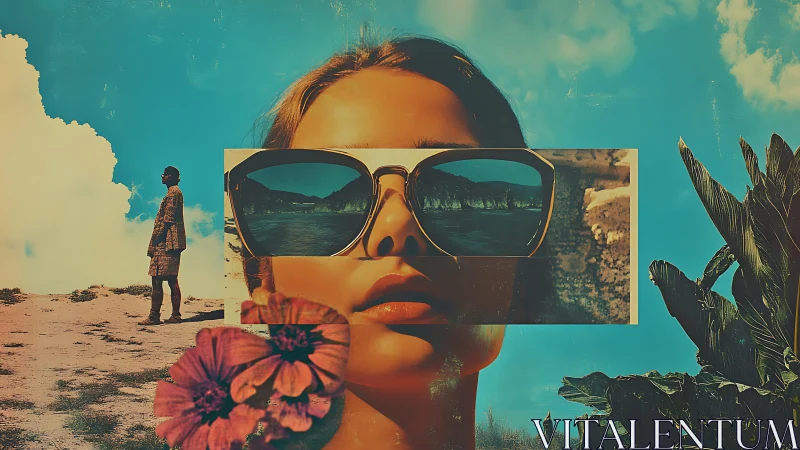 Surreal split-vision beach portrait layers reflective sunglasses