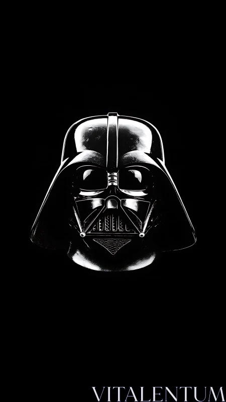 Glossy black sci fi respirator helmet in stark low key lighting