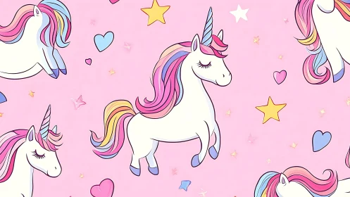 Seamless pastel unicorn pattern with stars and hearts on pink