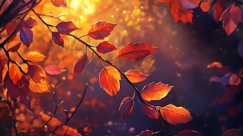 Sunlit autumn branch with red and orange forest leaves.