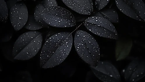 Dark leaves hold silver raindrops under soft moody light