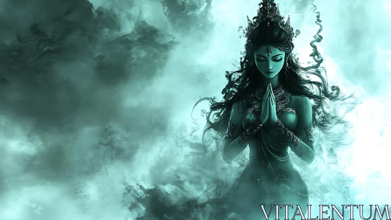 Mystic goddess in teal mist radiates serene divine power.