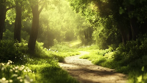 Sunlit forest path curves through dense vibrant greenery