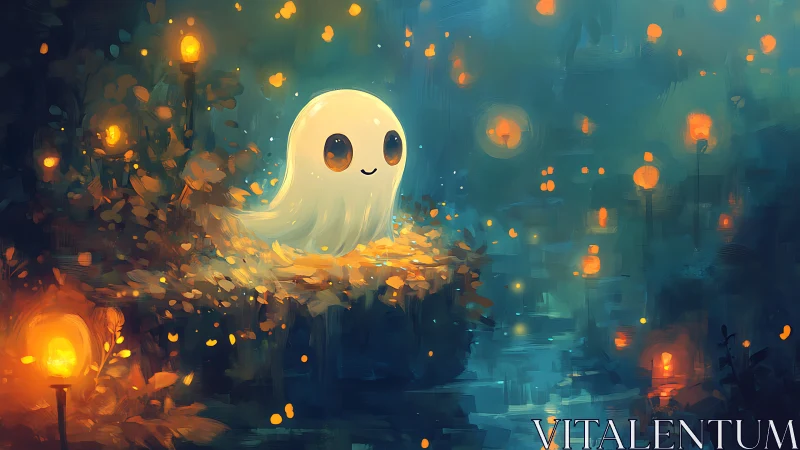Cute spectral character illuminated by warm bokeh lanterns at night