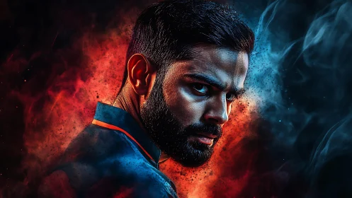 Digital painting portrait with dramatic bicolor smoke field.