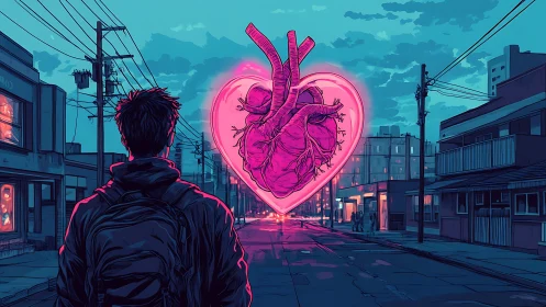Neon anatomical heart hovering in cyan dusk urban streetscape