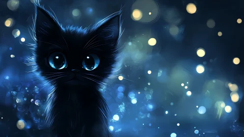 Luminous Feline Gaze: A Black Cat's Enchanted Midnight.