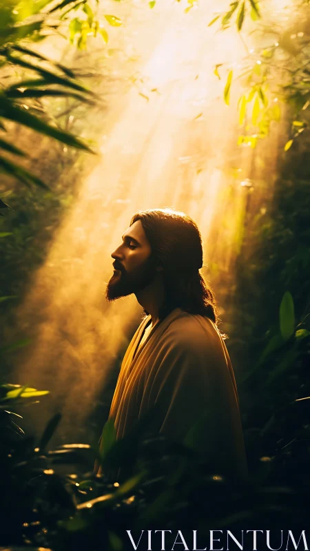 Bearded robed man in sunlit dense green forest setting.