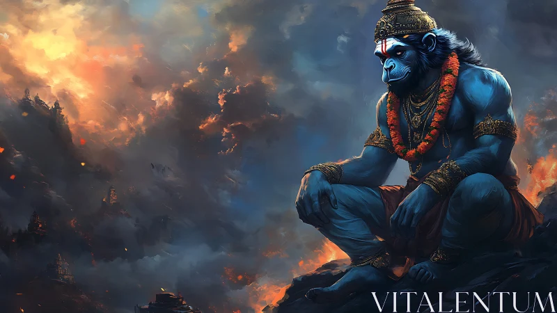 Mythic simian deity in contemplative pose amid fiery clouds.