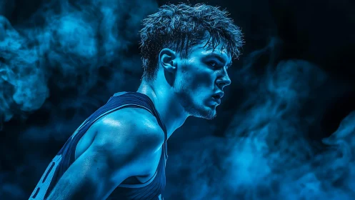 Intense basketball player glows amid swirling blue vapor