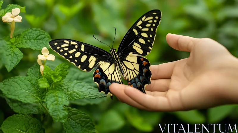 Delicate butterfly rests on open hand in serene green garden