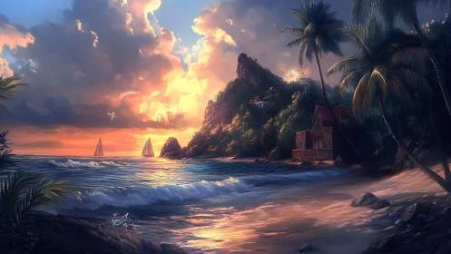 Tropical island landscape with dramatic sunset illumination and architectural ruins