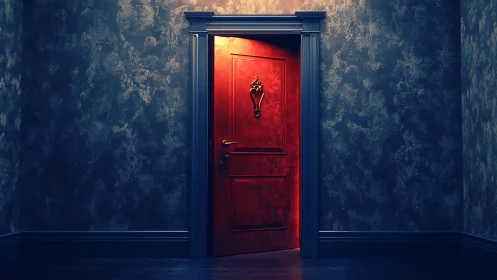 Red interior door with warm light in dark textured hall.