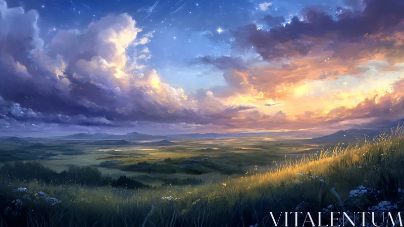 Sunset clouds over wide valley and glowing hillside field.