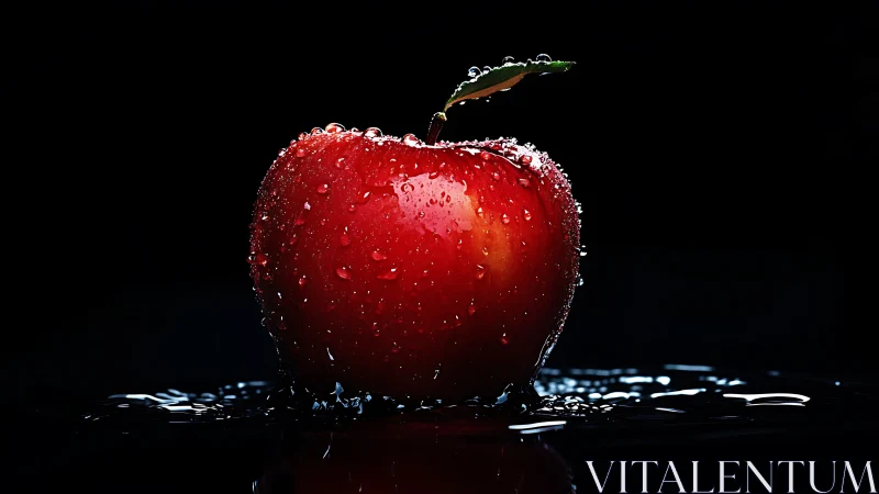 Red apple with water droplets on reflective black surface.