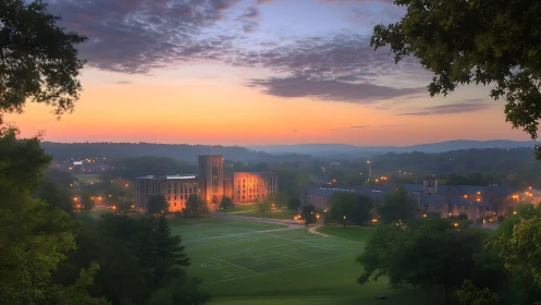 University campus landscape at sunrise with sports field.