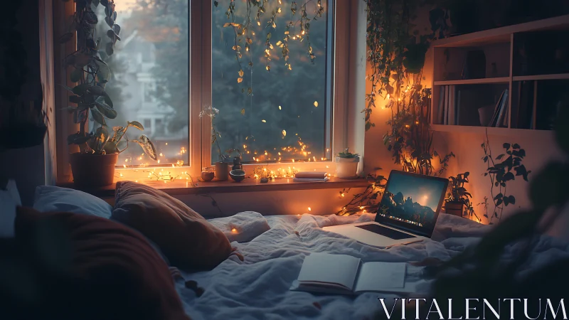 Moody bedroom workspace glows with warm laptop light.