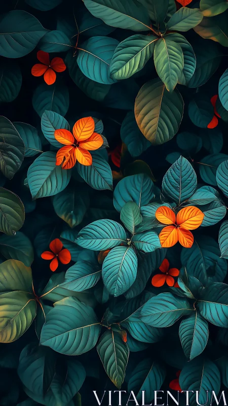 Luminous orange flowers emerge from layered teal foliage in moody botanical study.