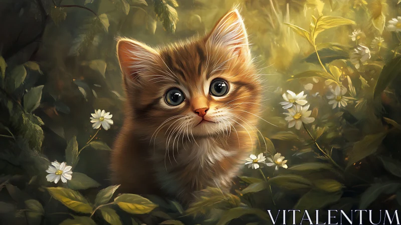 Orange tabby kitten positioned among flowering foliage with diffused golden lighting
