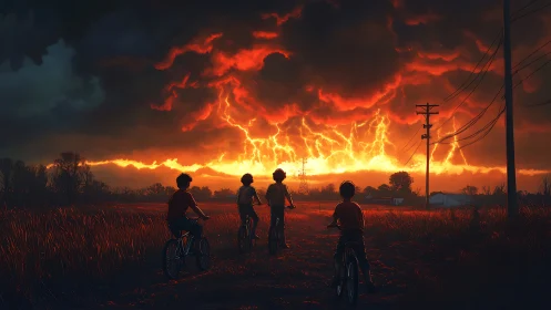 Children on bicycles study apocalyptic stormfront at sunset