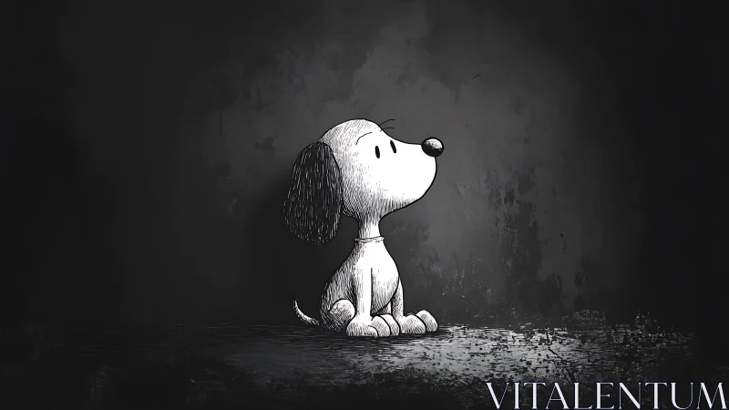 Lonely cartoon puppy sits in spotlight on dark floor.