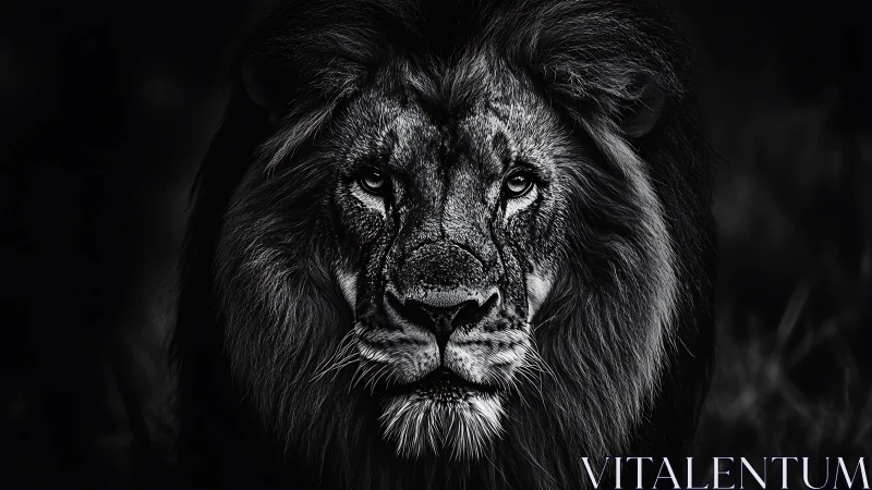 Majestic lion stares from deep shadows in monochrome portrait.