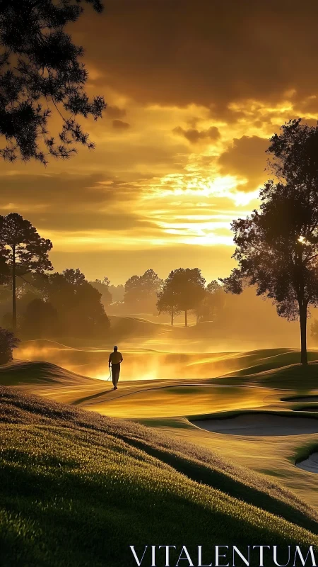 Golfer walking fairway under dense golden sunrise sky.