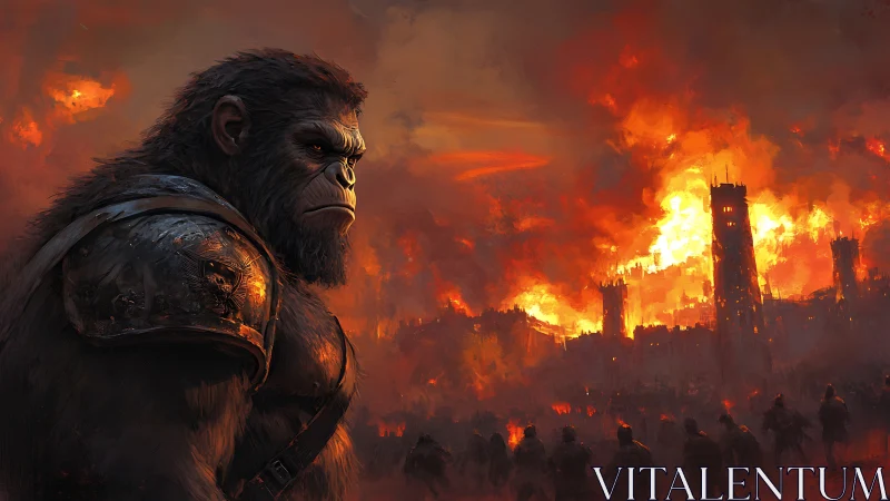 Armored ape commander stands before burning fortress city