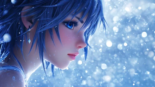 Crystal-eyed snowdreamer in a blizzard of blue light.