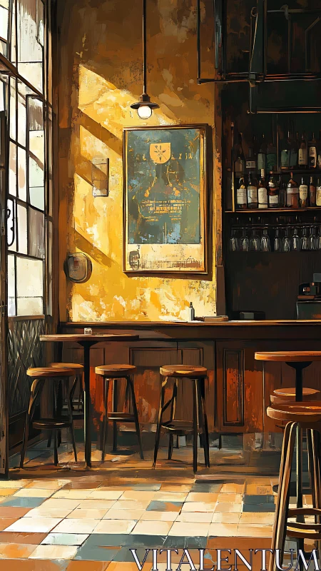 Sunlit rustic bar interior captures quiet morning stillness