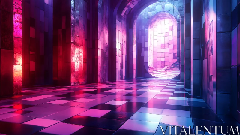 Neon-illuminated reflective corridor with tiled archway portal