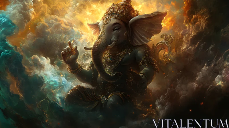 Celestial elephant deity crowned in stormlit golden clouds.