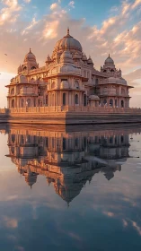Sunlit temple reflects in tranquil water at pastel sunset