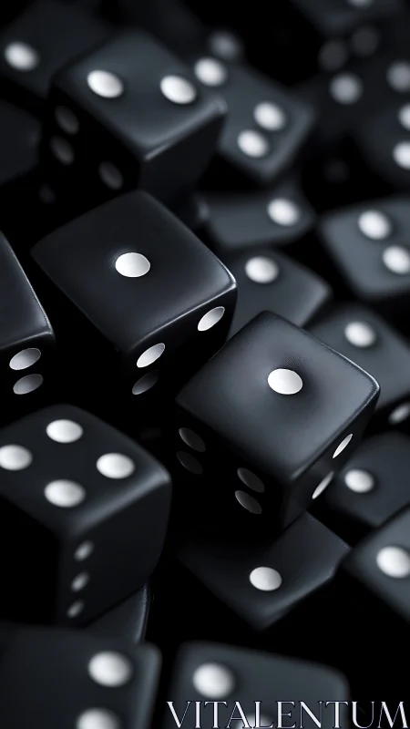 Specular macro study of stacked black dice with white pips.