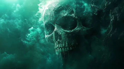 Gigantic spectral skull emerges from turbulent emerald mist