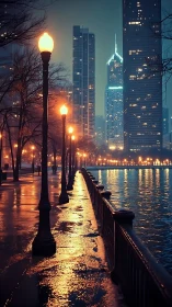 Rain-soaked city promenade glows under warm streetlights