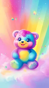 Rainbow plush bear sits on pastel clouds under beams.