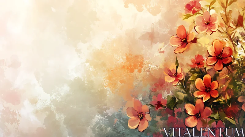 Warm Watercolor Floral Composition with Red-Orange Blooms