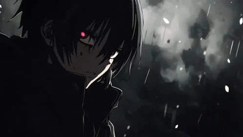 Brooding anime antihero stands in rain with glowing red eye