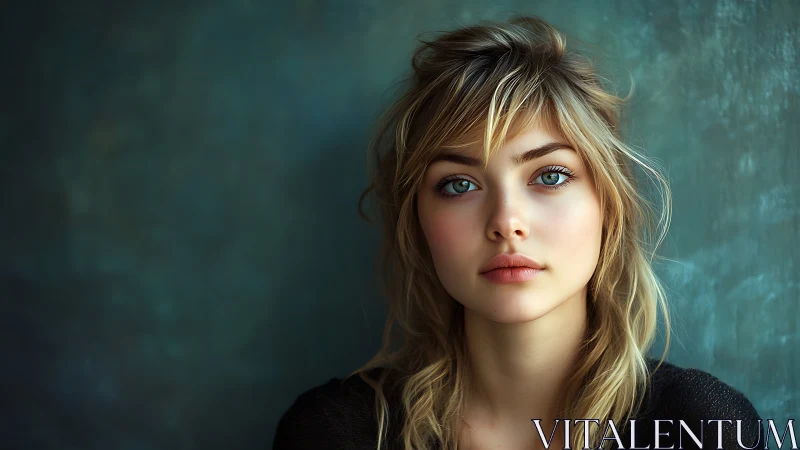 Photorealistic portrait study with teal bokeh backdrop.