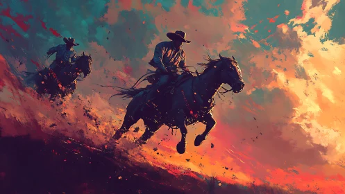 Sunset riders racing through firelit western skies.