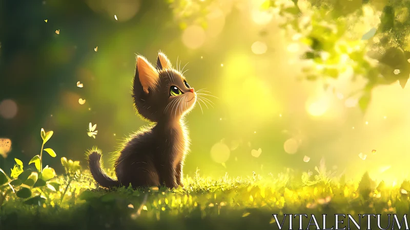 Sunlit kitten study renders soft fur and luminous bokeh field