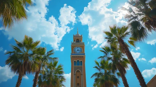 Sunlit clocktower rises amid tropical palms and cloudlight.