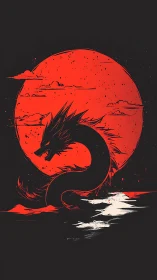 Serpentine moon-dragon coils beneath a blazing red eclipse.