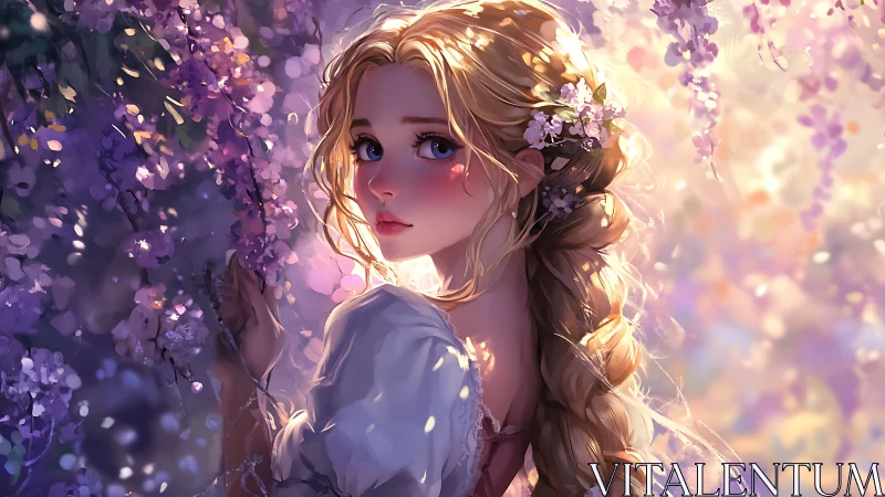 Golden haired girl stands in glowing wisteria garden