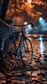 Bicycle parked against railing in nocturnal urban setting with bokeh lighting.