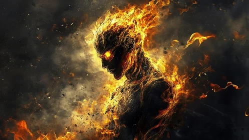 Incandescent humanoid silhouette engulfed in dynamic flames.